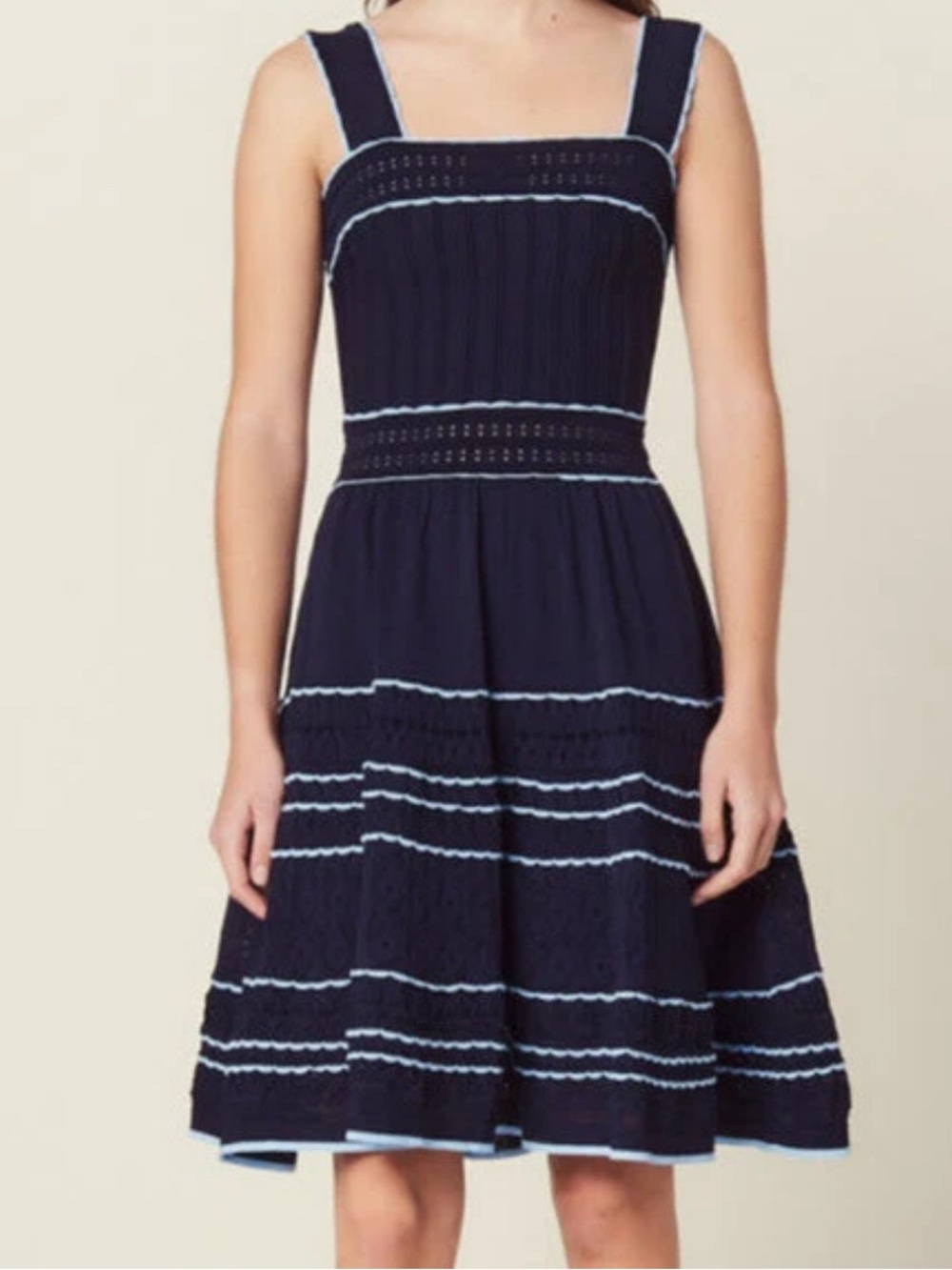 Sandro Paris Navy Blue Fit & Flare Pointelle Knit Dress Size EU 36